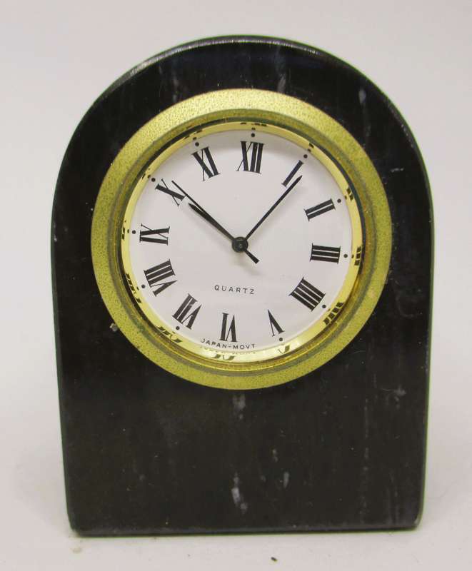 Vintage Miniature Gray Marble Desk Clock Brass face, Quartz. 65x45x30mm