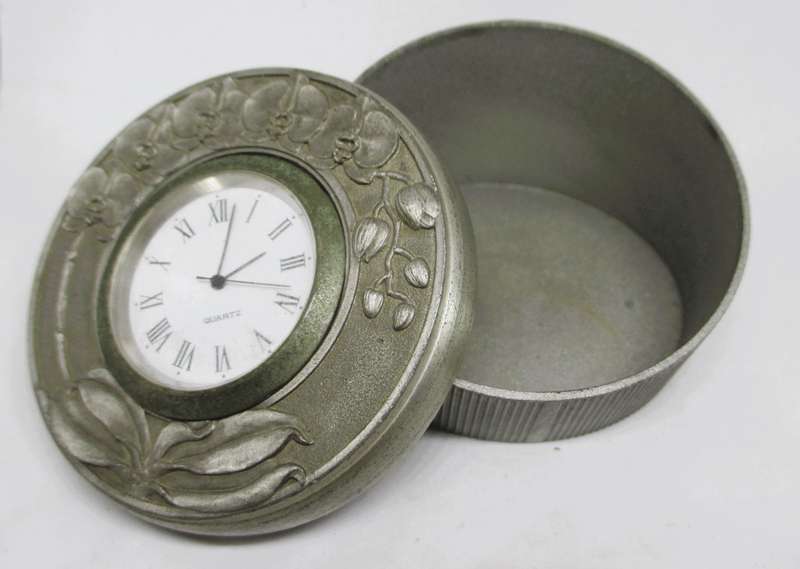 Vintage Miniature  Desk Clock set in decorated Tumasek Pewter holder. 60x 65mm