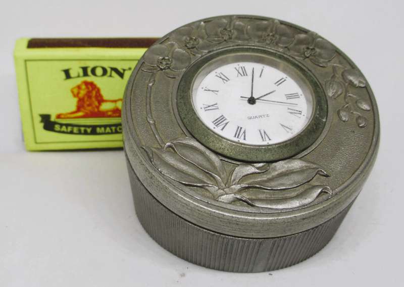 Vintage Miniature  Desk Clock set in decorated Tumasek Pewter holder. 60x 65mm