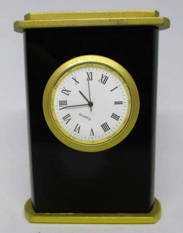 Vintage Miniature Stylish Black and Brass Desk Clock, Quartz. 85x55mm