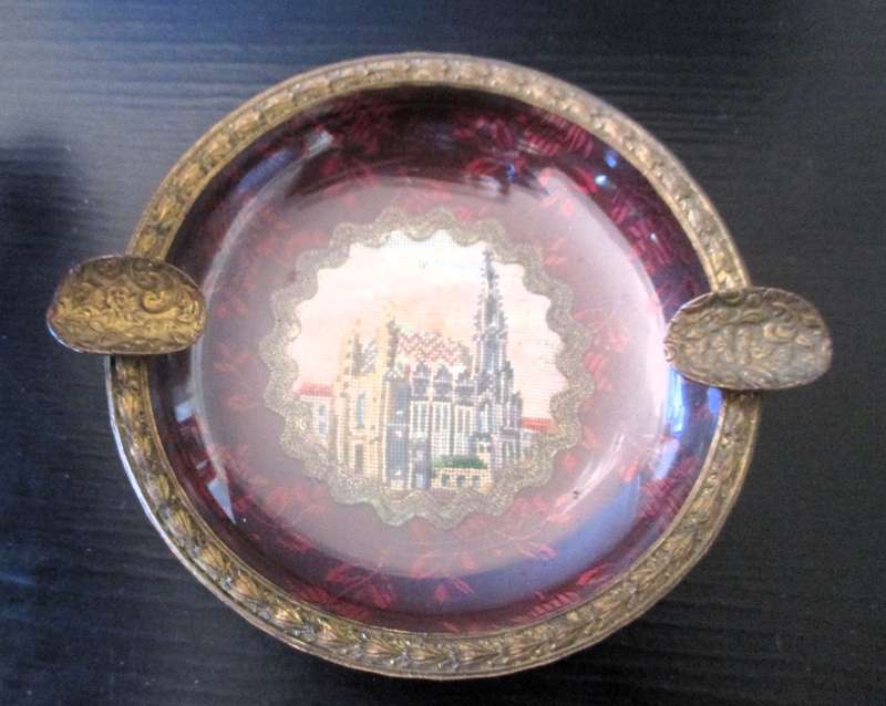 Antique/Vintage Brass and glass Ashtray. with fine tapestry decoration. Lovely item. 100mm diameter.
