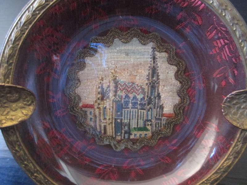 Antique/Vintage Brass and glass Ashtray. with fine tapestry decoration. Lovely item. 100mm diameter.