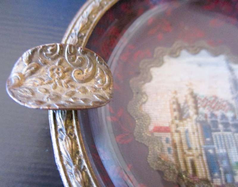 Antique/Vintage Brass and glass Ashtray. with fine tapestry decoration. Lovely item. 100mm diameter.