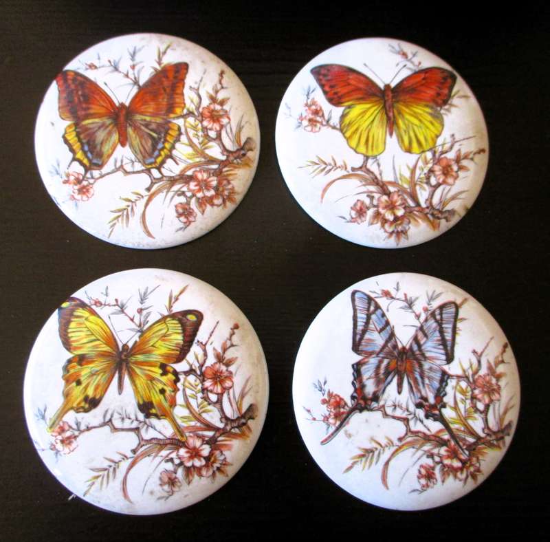 Vintage H R Johnson Round Ceramic 4 Trivet Tile Wall Hangings with Butterflies, 75mm diameter.