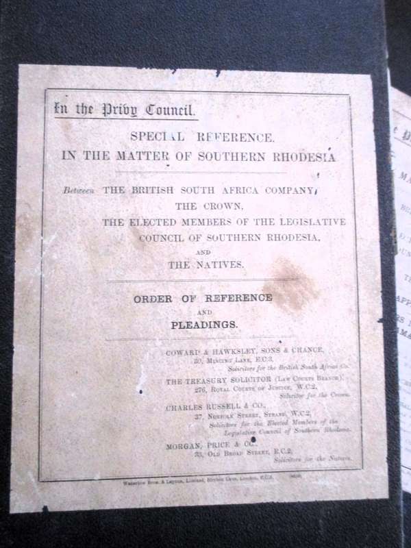 Antique Law Records in bind. 1914. Souther Rhodesia, BSAC v The Natives. Pleadings and Orders App B