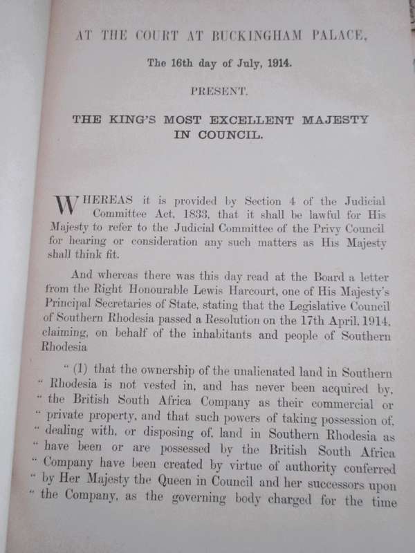 Antique Law Records in bind. 1914. Souther Rhodesia, BSAC v The Natives. Pleadings and Orders App B