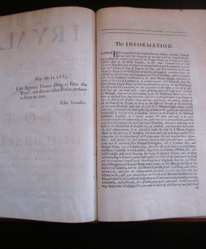 Antique Law Records in Leather bind. 1682. The Tryal of accused for the Riot at Guild-hall. Original