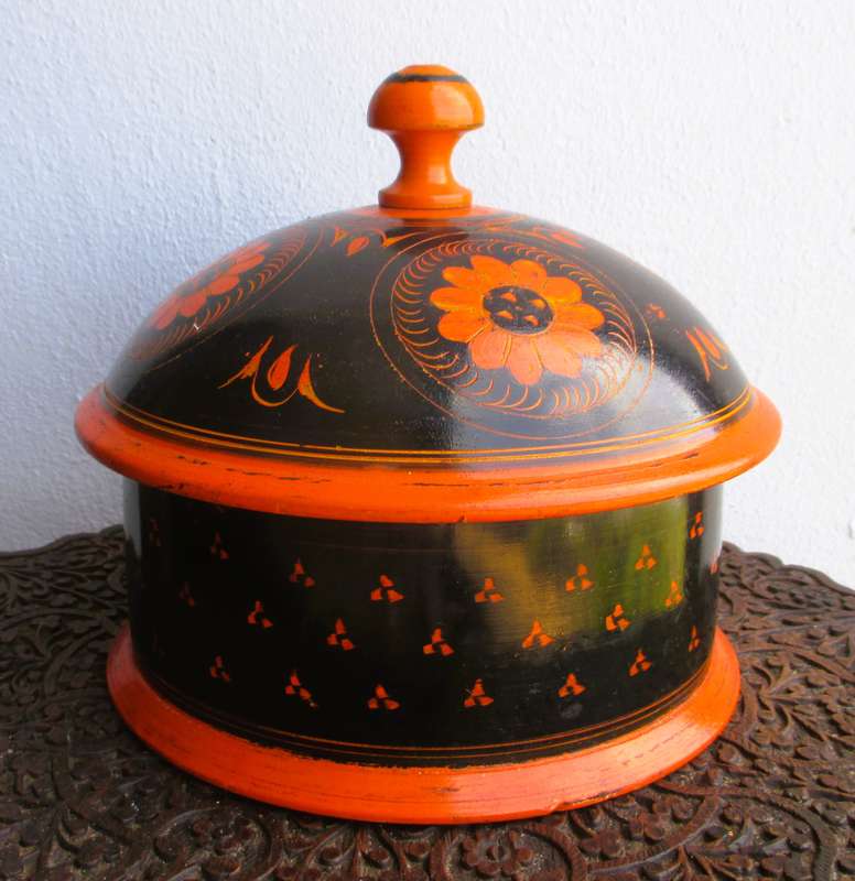 Vintage x 2 Wooden Spice Box Middle Eastern Rosewood Painted Lacquered Round