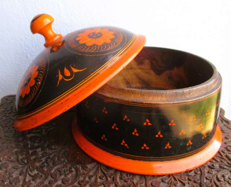 Vintage x 2 Wooden Spice Box Middle Eastern Rosewood Painted Lacquered Round