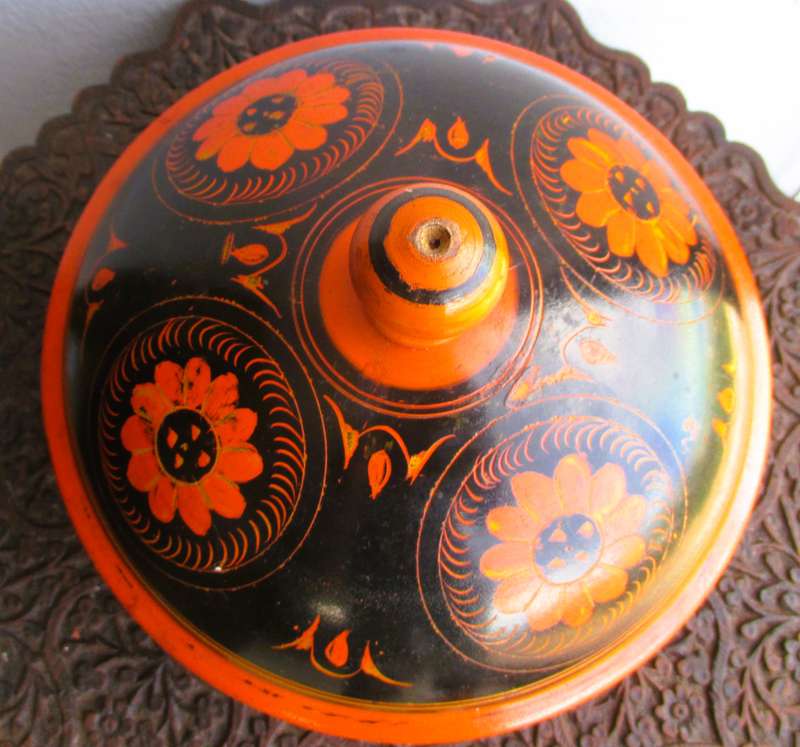 Vintage x 2 Wooden Spice Box Middle Eastern Rosewood Painted Lacquered Round
