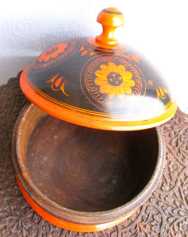 Vintage x 2 Wooden Spice Box Middle Eastern Rosewood Painted Lacquered Round