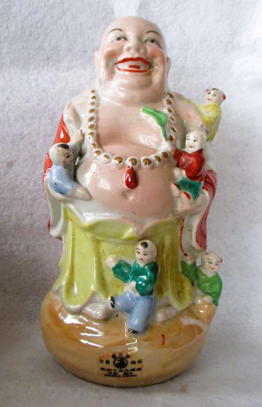 Vintage Chinese Famille Rose Porcelain Laughing Buddha with 5 Children Figurine. 240mm high. Dahua