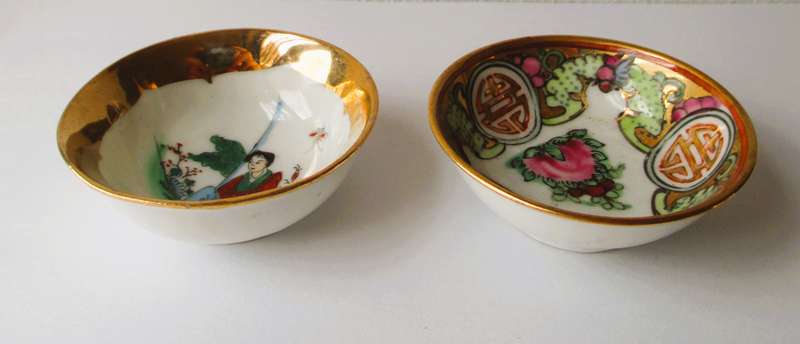 Two Vintage Egg Shell Porcelain Hand Painted Geisha Chinese Sauce Bowls