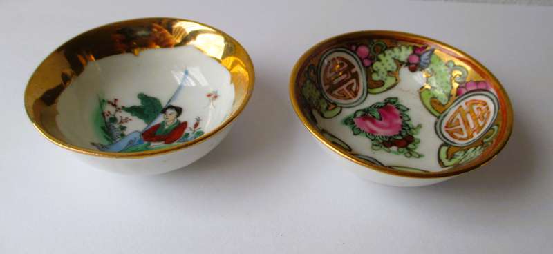 Two Vintage Egg Shell Porcelain Hand Painted Geisha Chinese Sauce Bowls