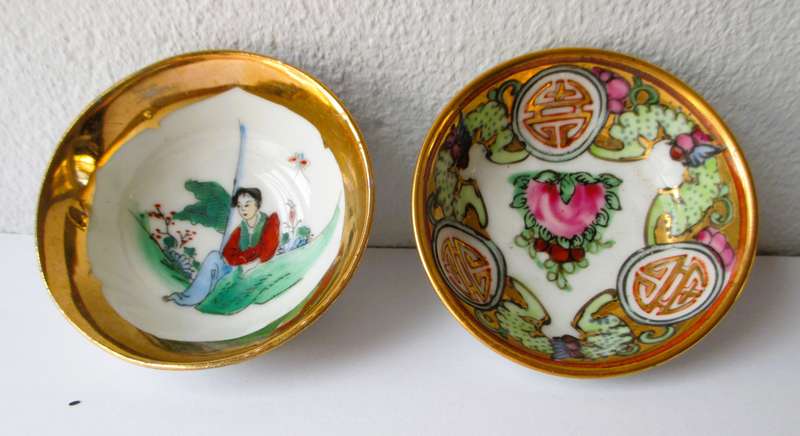 Two Vintage Egg Shell Porcelain Hand Painted Geisha Chinese Sauce Bowls