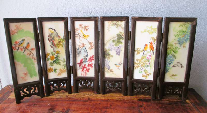 Mini Antique Chinese Double Sided Wooden Folding Table Screen. 370x170mm