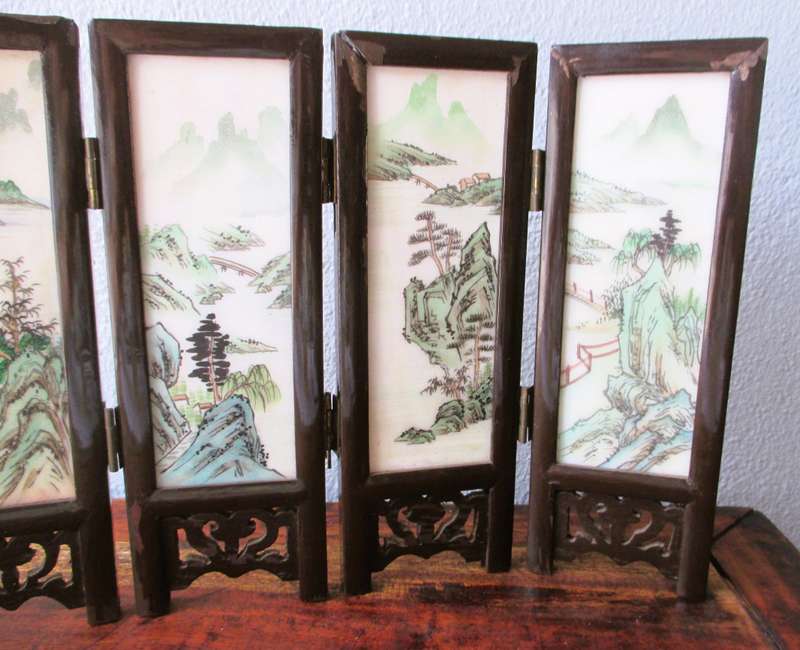 Mini Antique Chinese Double Sided Wooden Folding Table Screen. 370x170mm