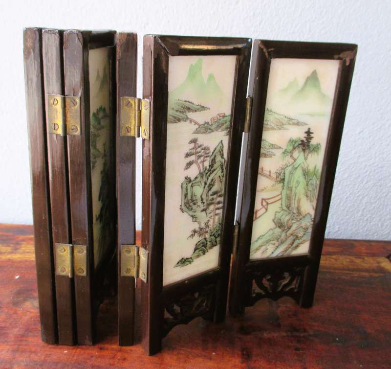 Mini Antique Chinese Double Sided Wooden Folding Table Screen. 370x170mm