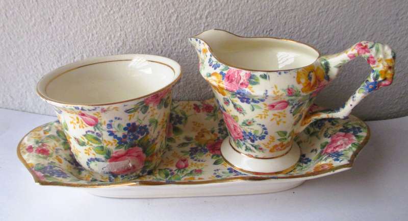 VINTAGE James Kent Longton Rosalynde Chintz Creamer, Sugar Bowl & Plate, England