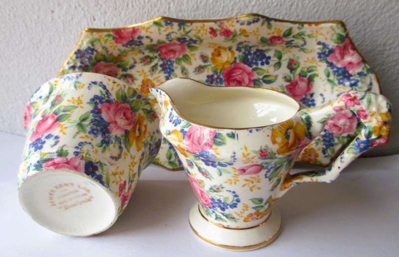 VINTAGE James Kent Longton Rosalynde Chintz Creamer, Sugar Bowl & Plate, England