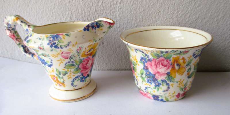VINTAGE James Kent Longton Rosalynde Chintz Creamer, Sugar Bowl & Plate, England