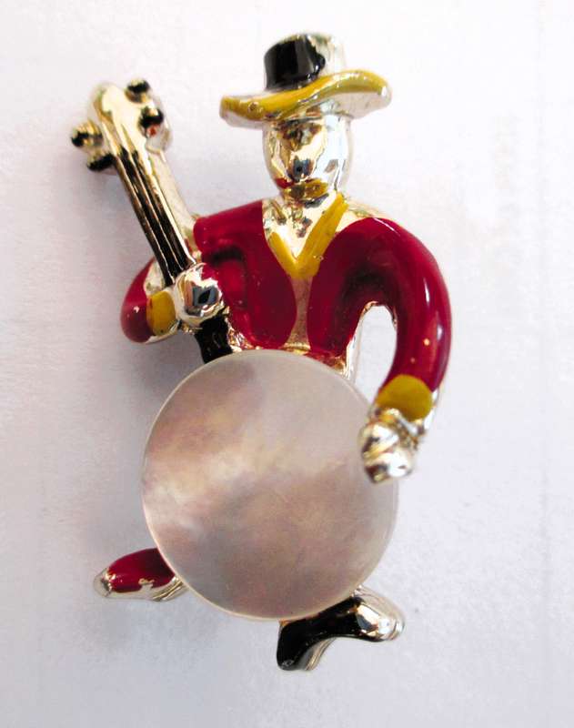 Mexican Guitarrón. Small Silver Toned and Enamel Brooch.