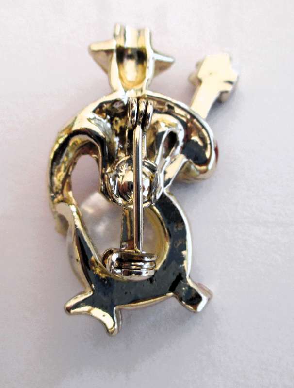 Mexican Guitarrón. Small Silver Toned and Enamel Brooch.