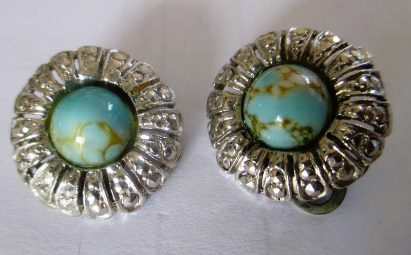 Art Deco Blue Peking Czech Glass & Faux Marcasite Silver Tone Pewter Pair of Clip-On Earrings