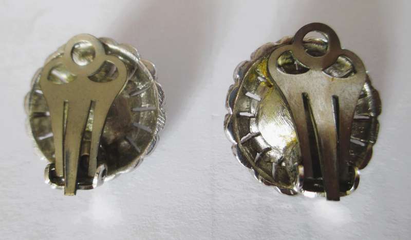 Art Deco Blue Peking Czech Glass & Faux Marcasite Silver Tone Pewter Pair of Clip-On Earrings