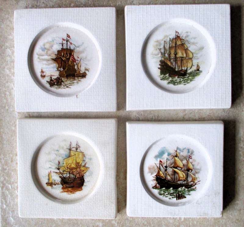Set of 4 Small Decor Wall Frames, Ceramic with War Ships painted. 130x130mm As per photo.