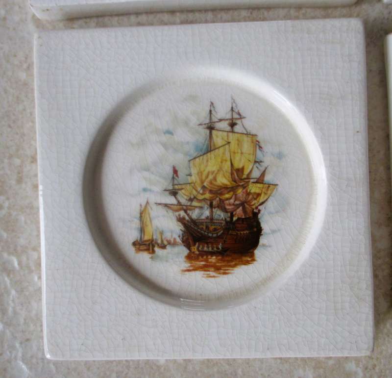 Set of 4 Small Decor Wall Frames, Ceramic with War Ships painted. 130x130mm As per photo.