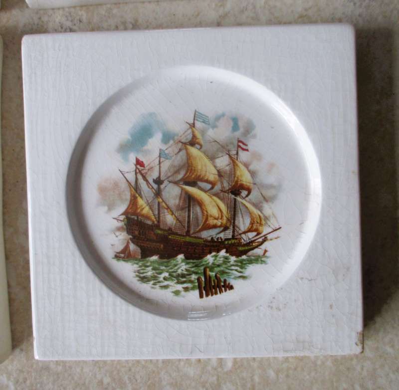 Set of 4 Small Decor Wall Frames, Ceramic with War Ships painted. 130x130mm As per photo.