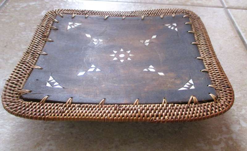 Vintage Chinese Wood and bone embedded Tray, wicker frame. On Three legs .200x180mm