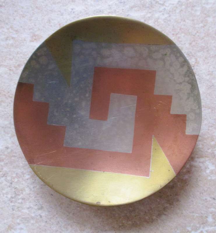 E. Cabello Mexican Modernist Handwrought Footed Plate Tray Copper Brass Silver Married Metals 14cm d