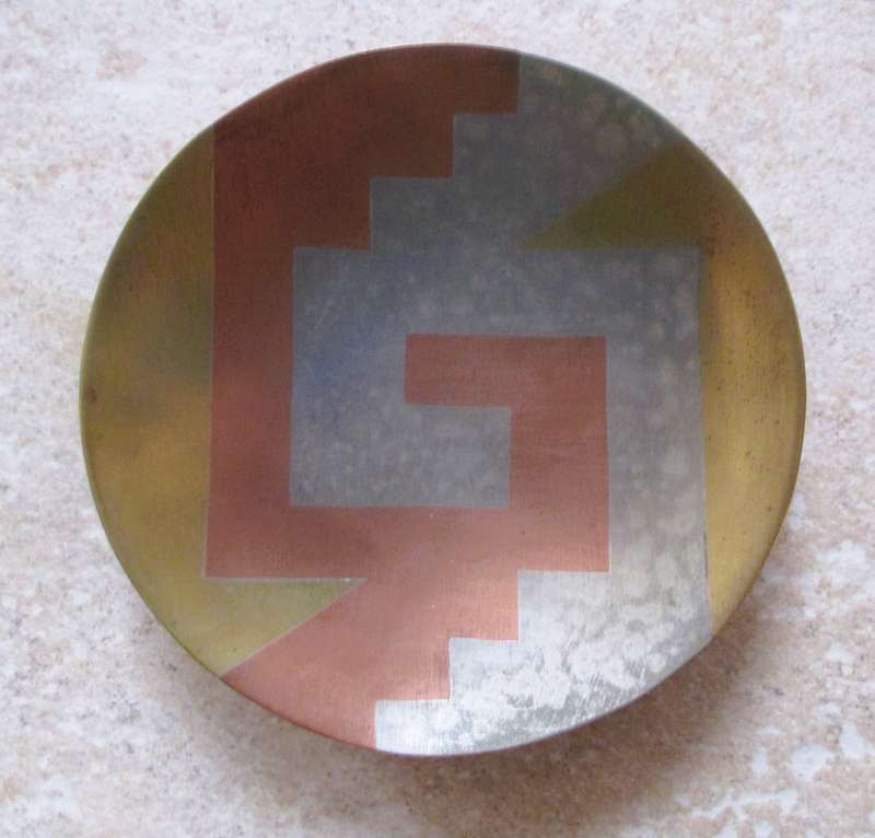 E. Cabello Mexican Modernist Handwrought Footed Plate Tray Copper Brass Silver Married Metals 14cm d