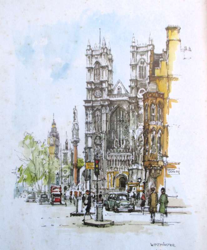 Dutch impressionist Jan Korthals - 1960s lithographic print, watercolour Westminster, Framed 250x340