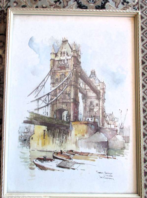 Dutch impressionist Jan Korthals - 1960s lithographic print, watercolour Tower Bridg, Framed 250x340