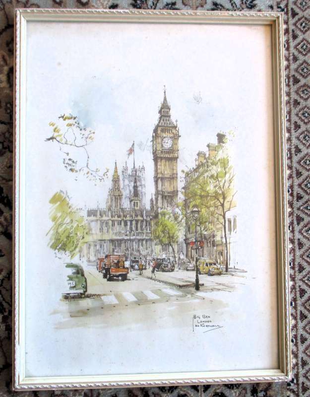 Dutch impressionist Jan Korthals - 1960s lithographic print, watercolour of Big Ben, Framed 250x340