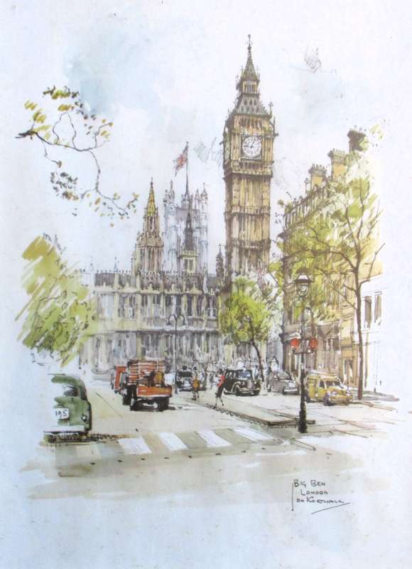 Dutch impressionist Jan Korthals - 1960s lithographic print, watercolour of Big Ben, Framed 250x340