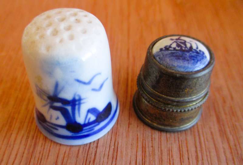 Lot of two Vintage Ceramic Delft Windmill thimbles, collectable.