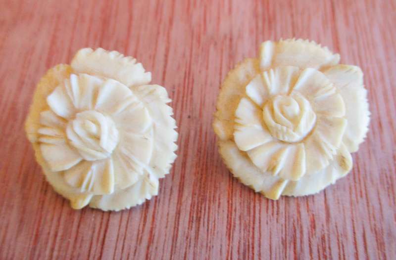 Vintage Carved Ivory? Flat Back Roses Earrings. 260mm diameter.