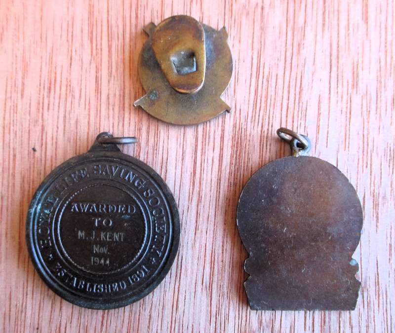 Lot of Three Life Saving Botto hole badge, 2x Bronze Medal awarded to M J Kent 1944.