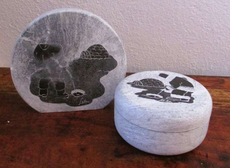 Inuit Soap Stone Trinket Box w/ Lid Signed SIKU Etched Fisherman Made in Canada, 2 pieces