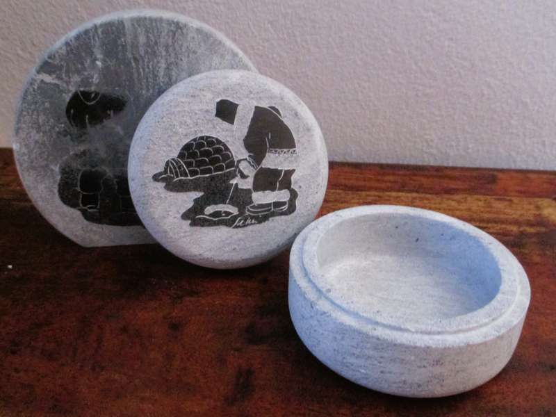Inuit Soap Stone Trinket Box w/ Lid Signed SIKU Etched Fisherman Made in Canada, 2 pieces
