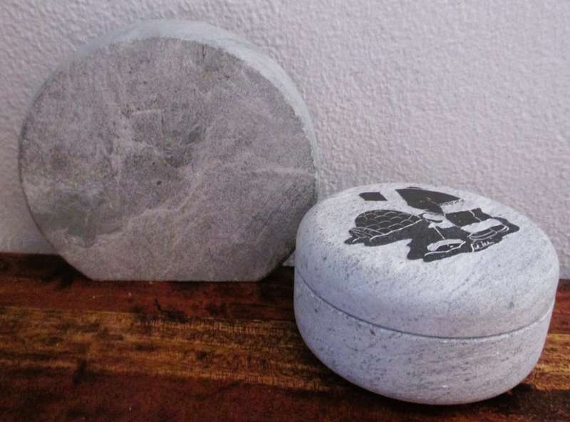 Inuit Soap Stone Trinket Box w/ Lid Signed SIKU Etched Fisherman Made in Canada, 2 pieces