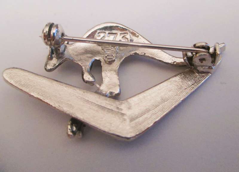 Vintage Brooch Pin - Australia Boomerang - Kangaroo - Silver Tone Marked. 40mm