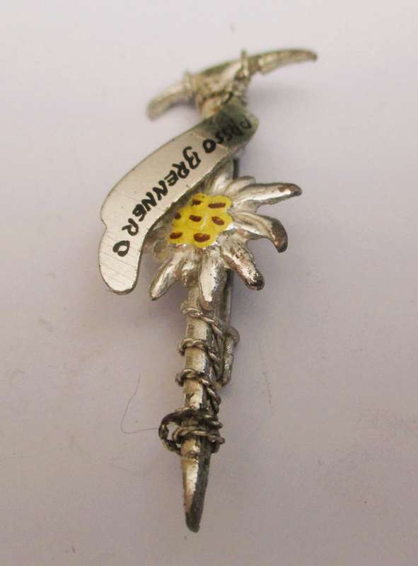 VINTAGE Austrian Metal Enamel Alpine Souvenir Hat Pin ~Passo Grenner ~ Floral ~ Ice pic, rope 45mm