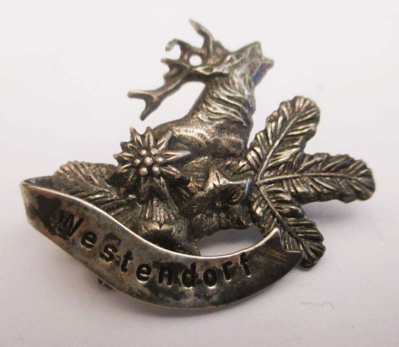 VINTAGE 1930s Austrian Tirolean Souvenir Brooch from Westendorf with Stags Head in Pressed Tin