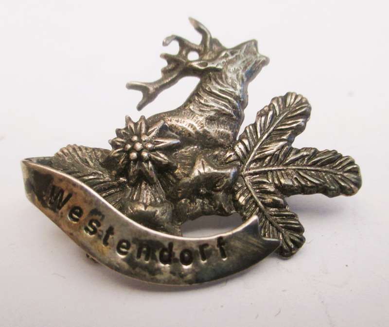 VINTAGE 1930s Austrian Tirolean Souvenir Brooch from Westendorf with Stags Head in Pressed Tin