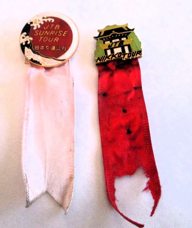 Lot of 2 Vintage JTB Japan Tour Travel Metal Enamel Pin with Ribbon